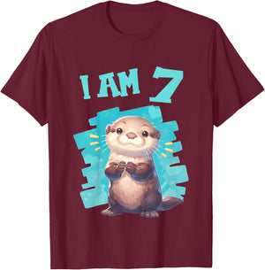 7 Years old 7 birthday Otters Boy Girl Otter T-Shirt - T-Shirt | Maroon