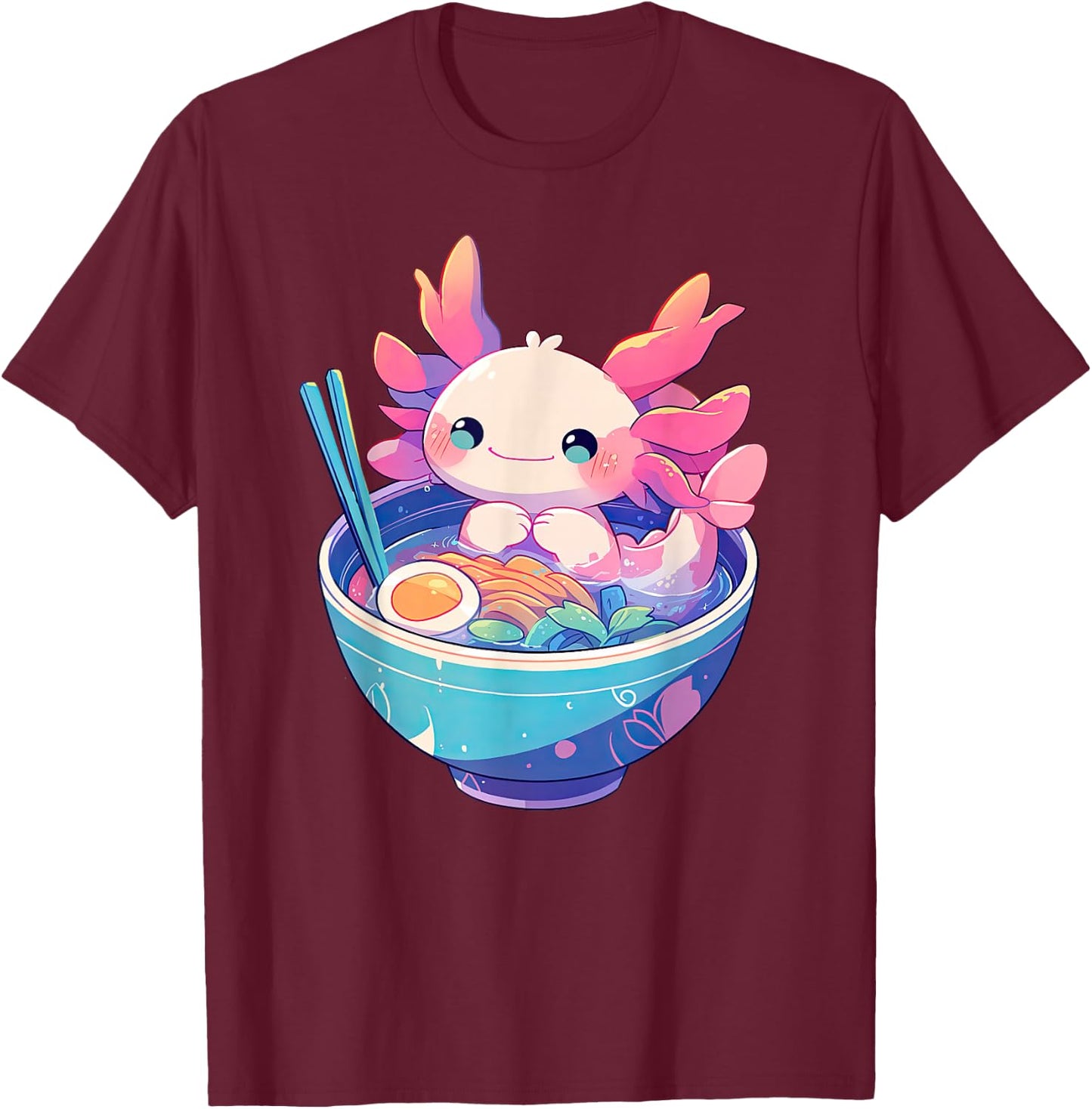 Kawaii Pastel Goth Cute Pink Axolotl in a Bowl of Ramen T-Shirt - T-Shirt | Maroon