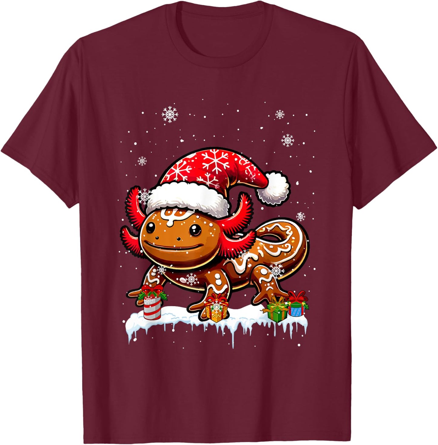 Santa Gingerbread Axolotl Christmas Baking Baker Family Kids T-Shirt - T-Shirt | Maroon