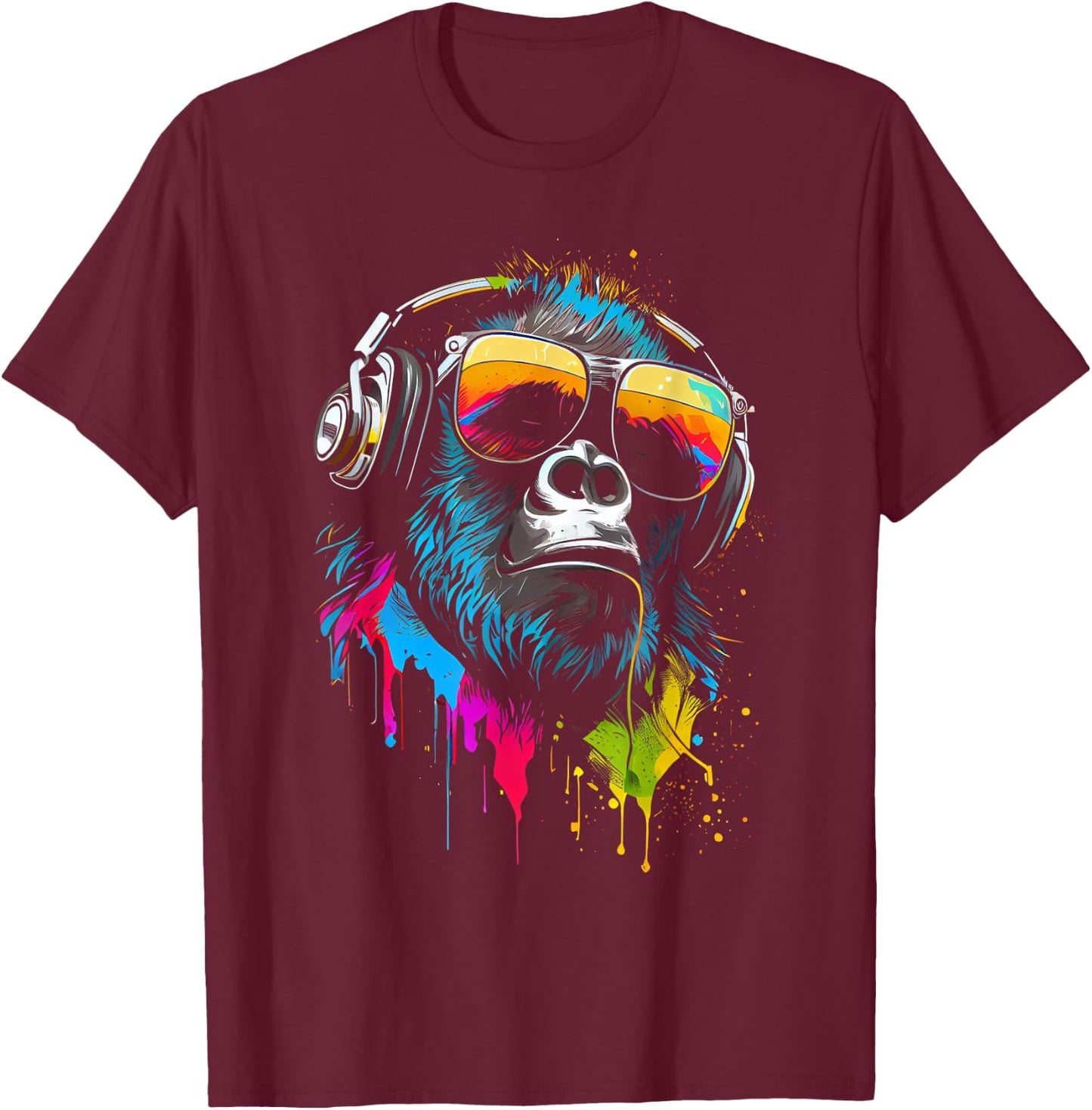 Monkey DJ with Headphones and Sunglasses Gorilla Musik , Black, S T-Shirt - T-Shirt | Maroon