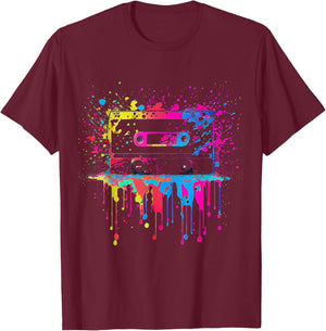 80er 90er Jahre Retro Kassette Outfits & Geschenk Damen -Erwachsene Schwarz Retro Party S EU Small U-Ausschnitt Kurzarm T-Shirt - T-Shirt | Maroon