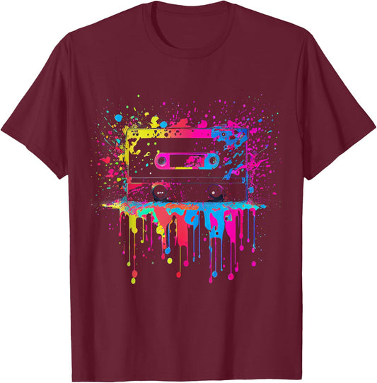 80er 90er Jahre Retro Kassette Outfits & Geschenk Damen -Erwachsene Schwarz Retro Party S EU Small U-Ausschnitt Kurzarm T-Shirt - T-Shirt | Maroon