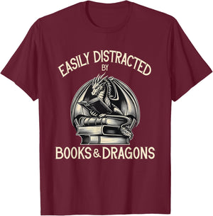 Easily Distracted by Books and Dragons Book Dragon Lover T-Shirt - T-Shirt | Maroon