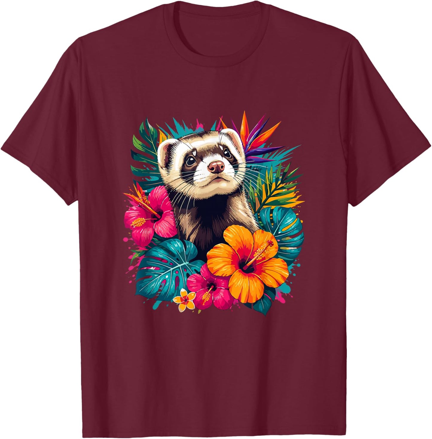 Colorful Ferret in Tropical Hibiscus Flowers Summer T-Shirt - T-Shirt | Maroon