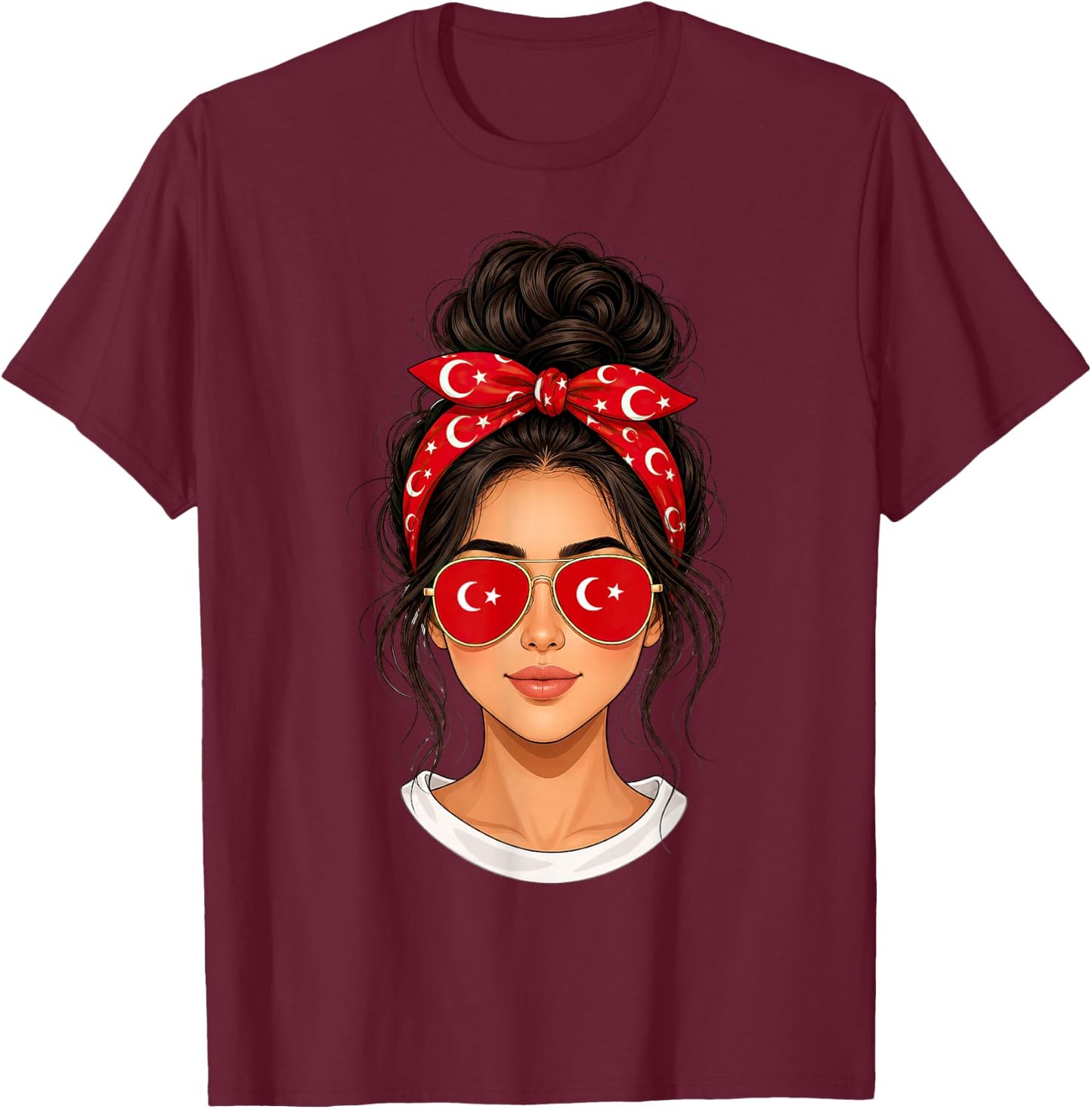 Messy Bun Türkisches Mädchen Türkei Flagge Bandana Sonnenbrille T-Shirt - T-Shirt | Maroon