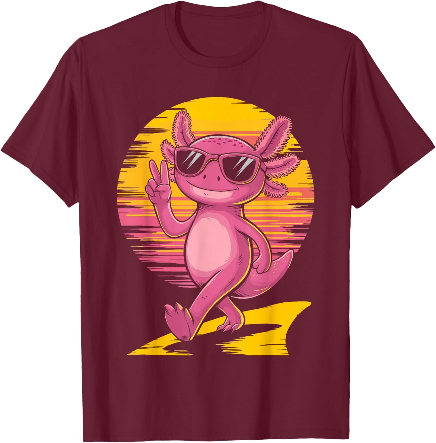 Retro Sunset Cool Axolotl With Sunglasses Peace Sign T-Shirt - T-Shirt | Maroon