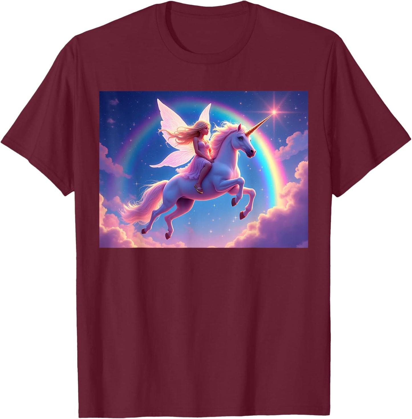 Fairy Riding a Unicorn With Rainbow and Stars Background T-Shirt - T-Shirt | Maroon