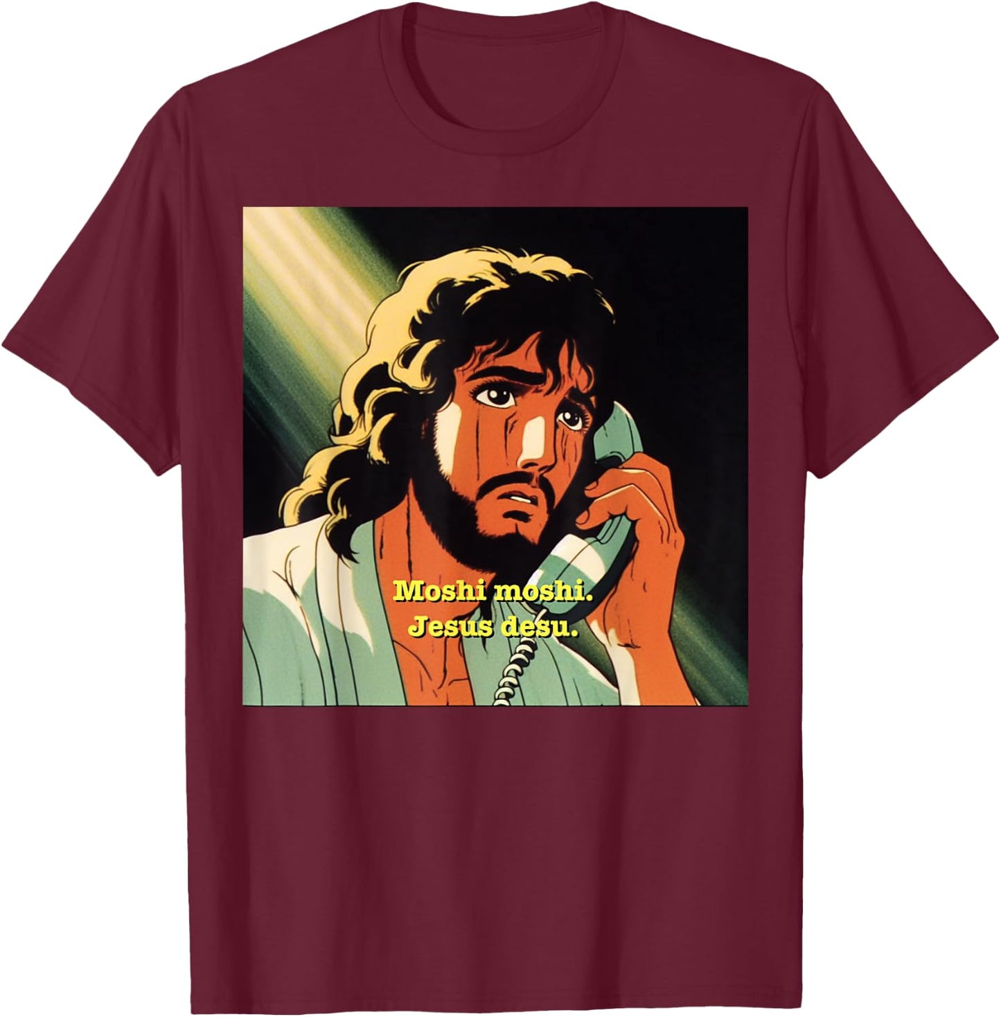 Funny Jesus Meme - Christian Anime Moshi Moshi T-Shirt - T-Shirt | Maroon