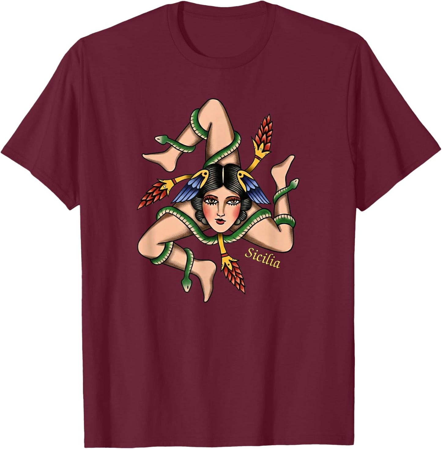 Sicilian Trinacria Old School Tattoo Style Triskelion T-Shirt - T-Shirt | Maroon