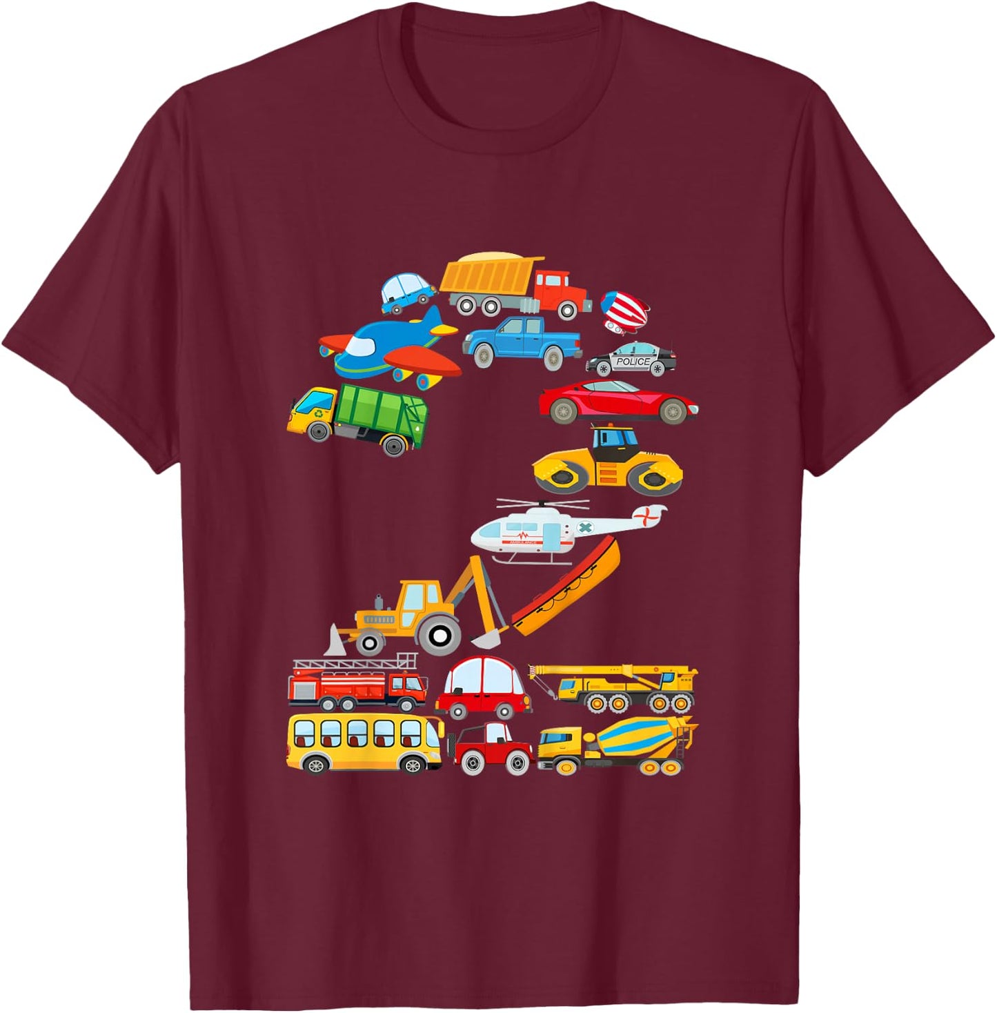 Kids 2nd Birthday for Boys Cars Vehicles Fire Truck Airplane T-Shirt - T-Shirt | Maroon