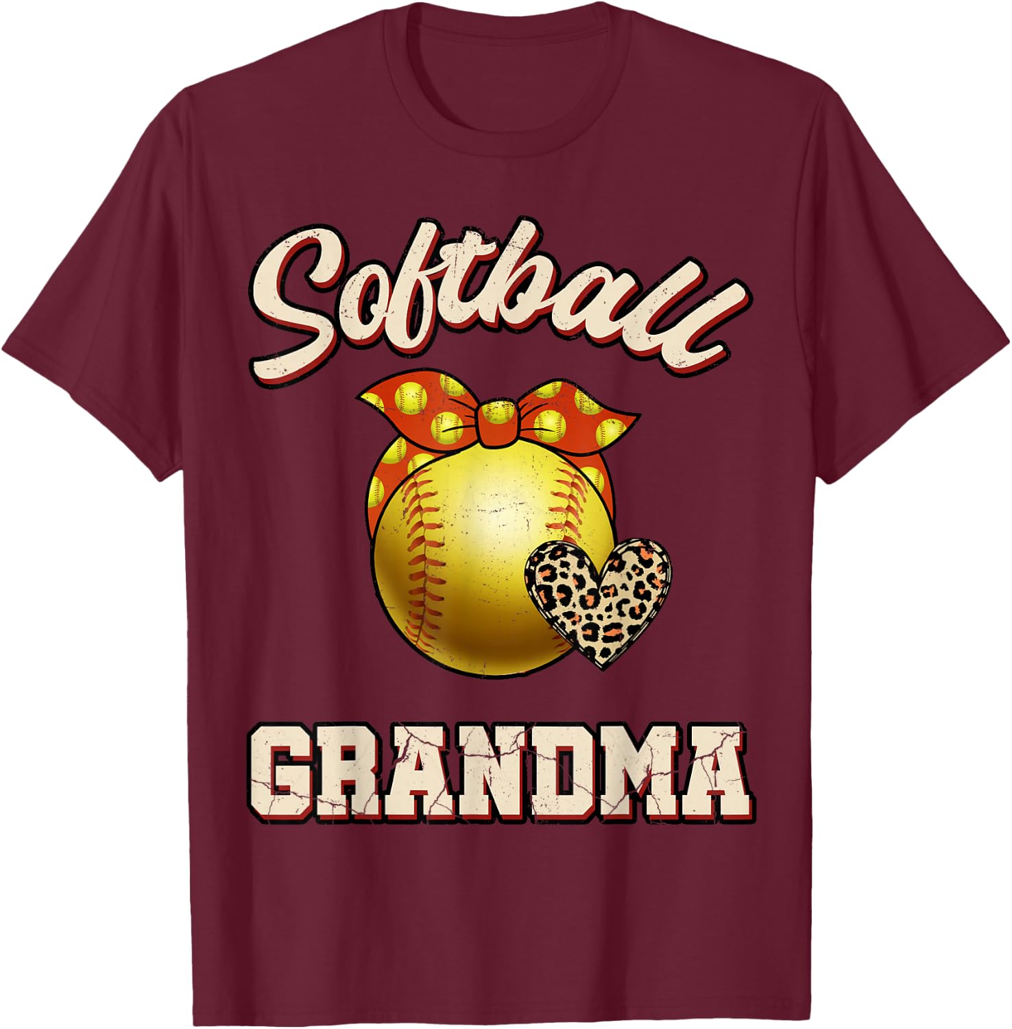 Softball Grandma Leopard Heart Fans Mother's Day Gift T-Shirt - T-Shirt | Maroon