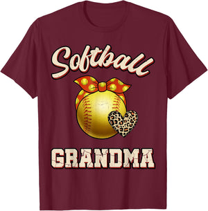 Softball Grandma Leopard Heart Fans Mother's Day Gift T-Shirt - T-Shirt | Maroon