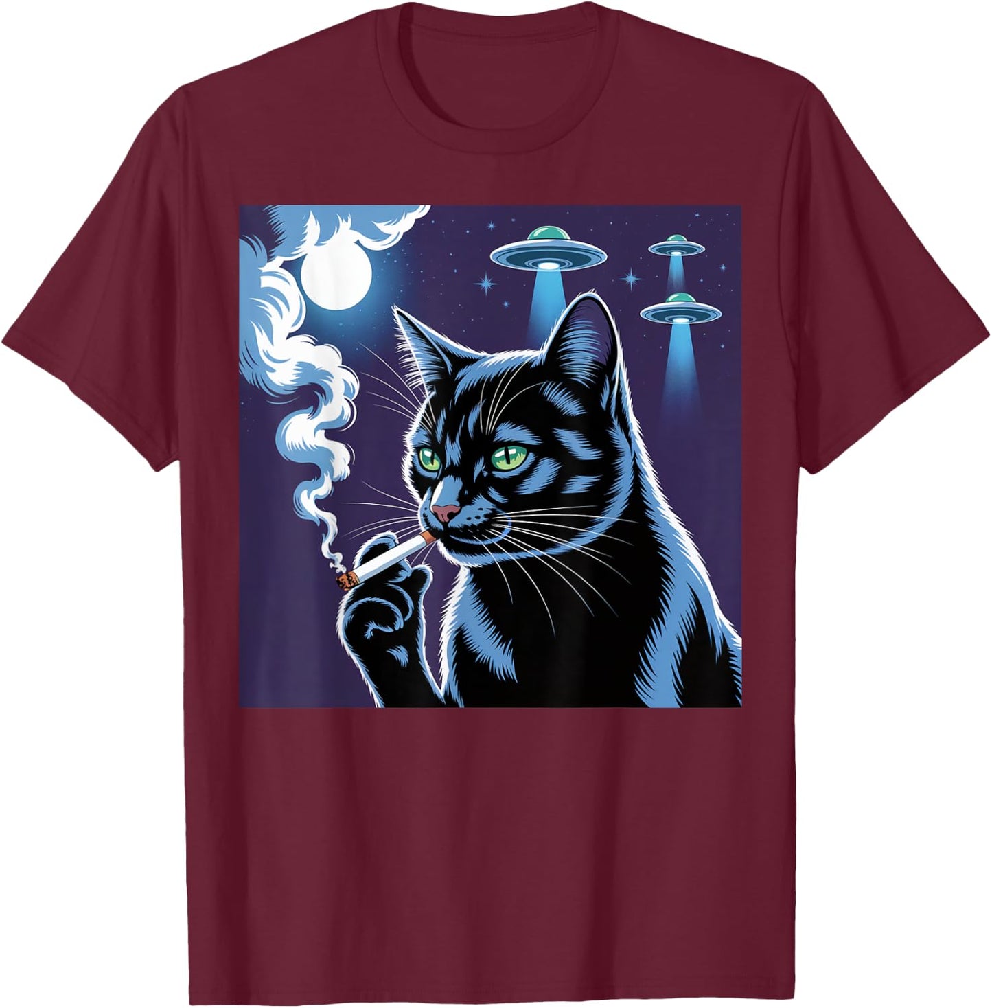 Smoking Cat Selfie Alien UFO Cat Black Smoking Cigarette T-Shirt - T-Shirt | Maroon