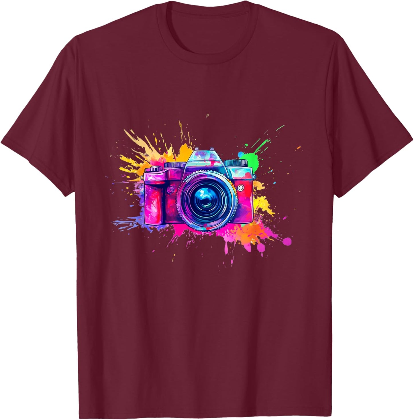 Artistic touch with camera and bright colors , Black, S T-Shirt - T-Shirt | Maroon
