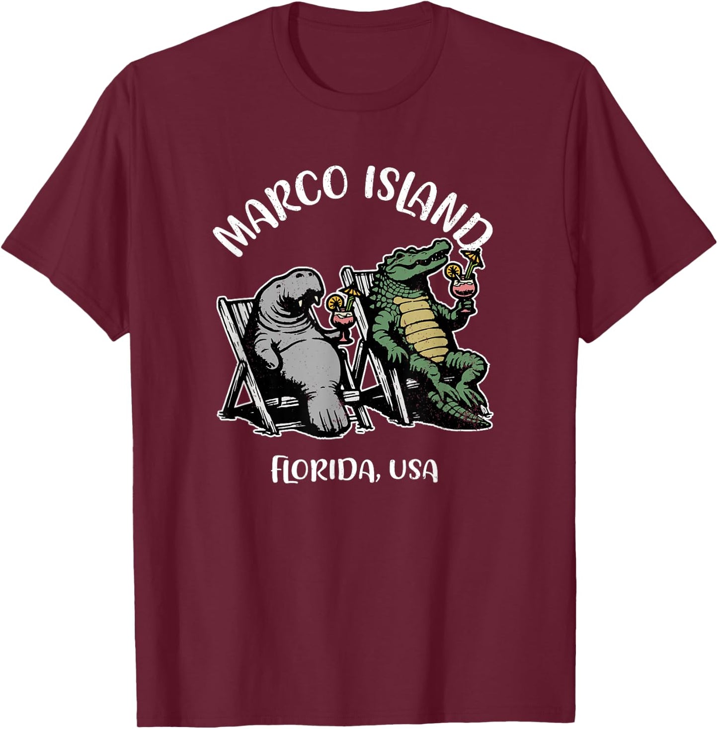 Marco Island Florida USA Funny Manatee and Alligator Design T-Shirt - T-Shirt | Maroon