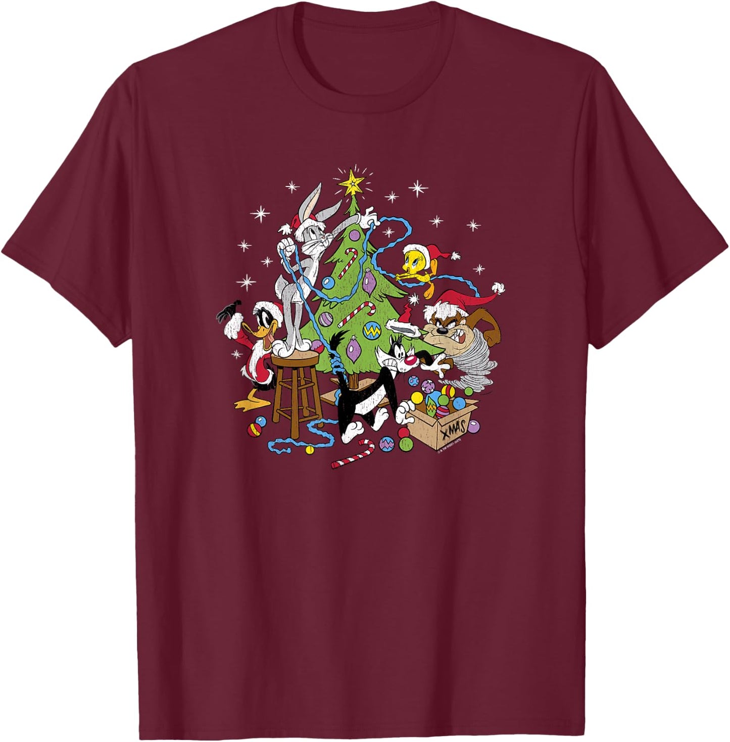 Looney Tunes Christmas Group Shot Decorate The Tree T-Shirt - T-Shirt | Maroon