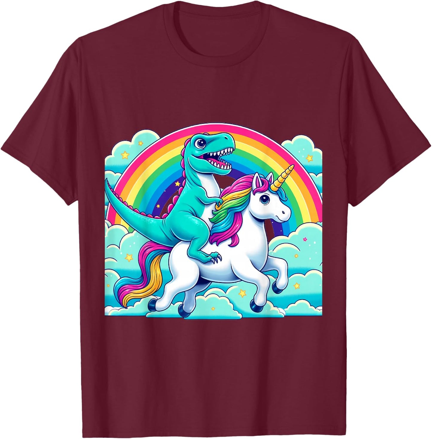 Dino-Ride Fantasy: Pride Dinosaur on Unicorn Rainbow LGBTQ T-Shirt - T-Shirt | Maroon