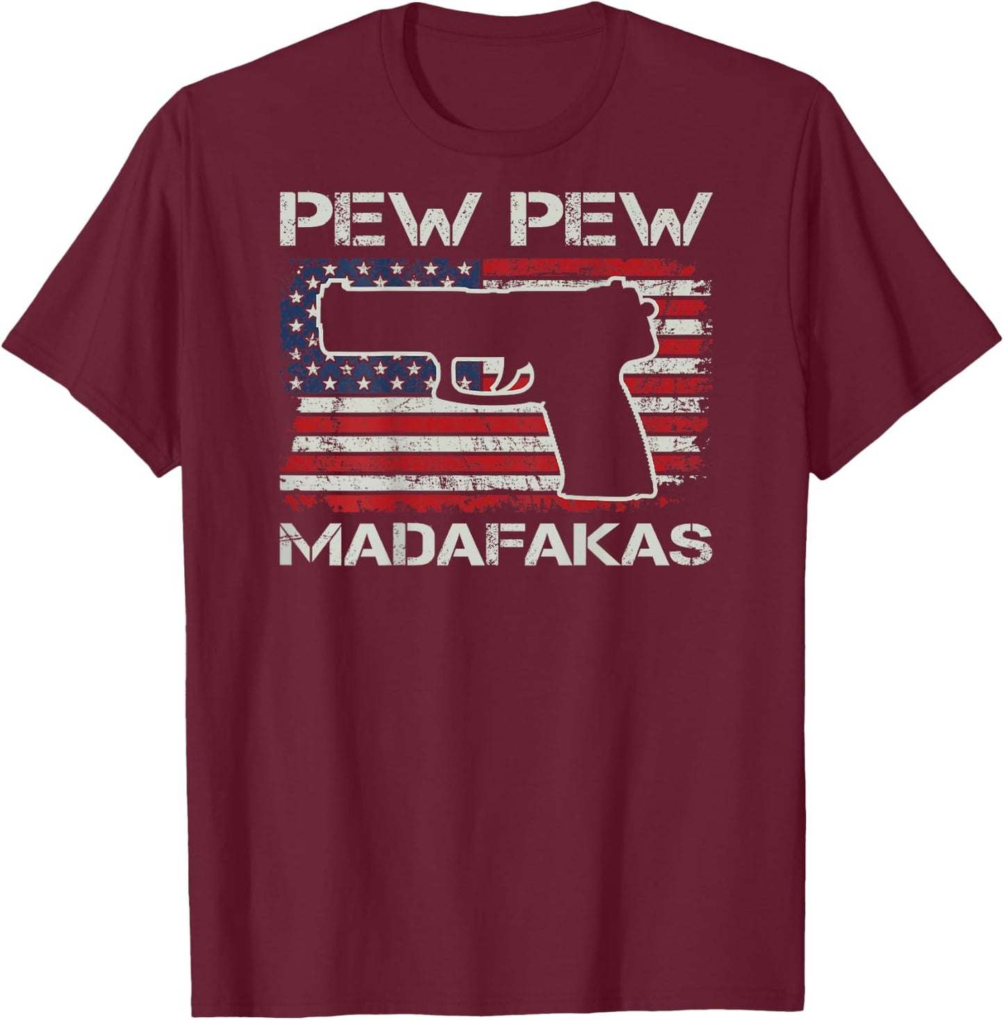 Pew Pew Madafakas - 9mm .45 Pistol USA Flag Pro Gun (BACK) Women Men T-Shirt - T-Shirt | Maroon