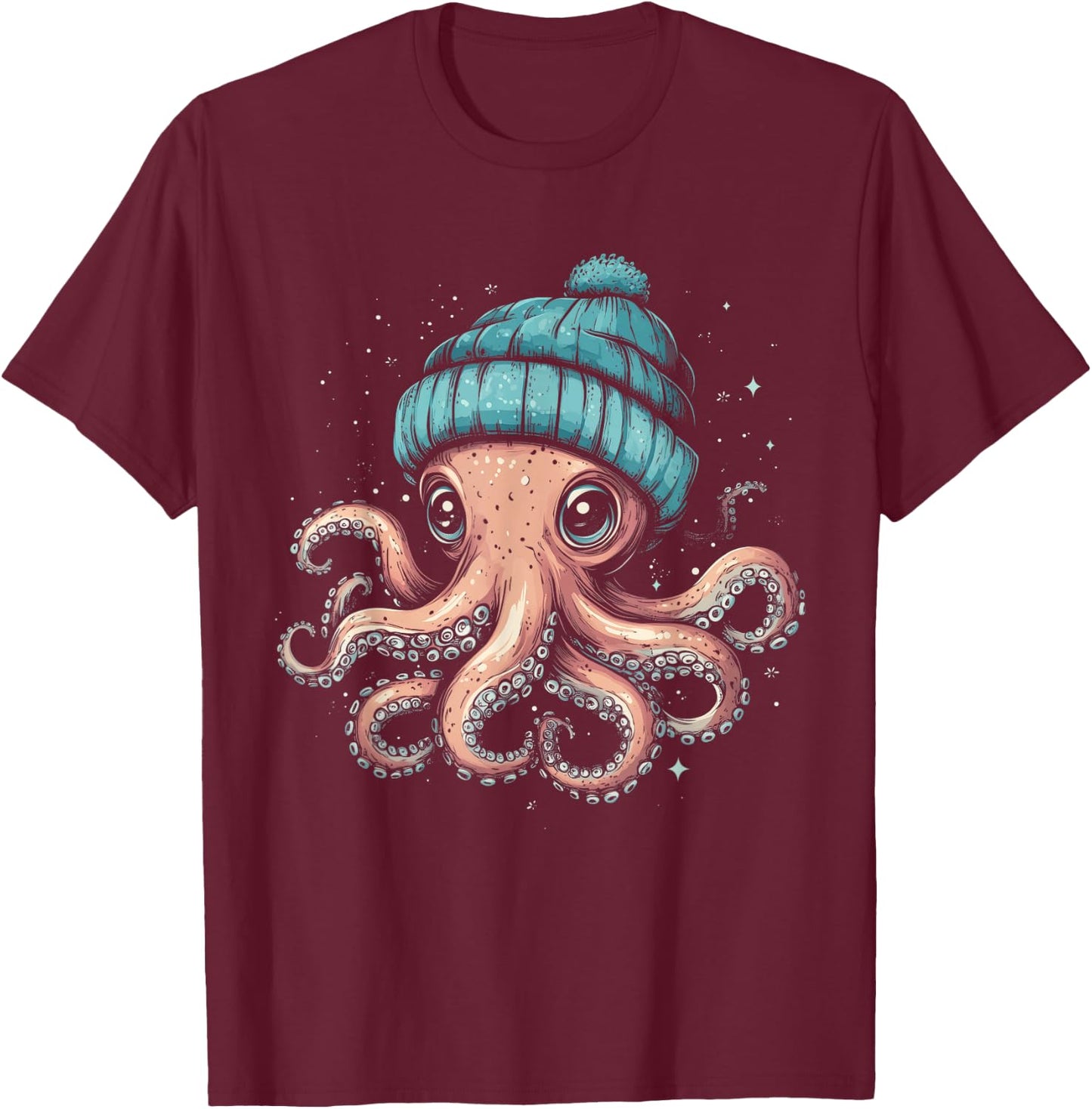 Octopus Wearing Beanie Funny Cute Ocean Animal Kraken Winter T-Shirt - T-Shirt | Maroon