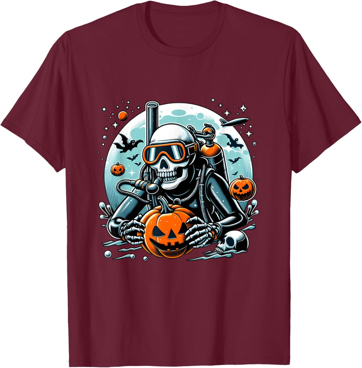 Dive Skeleton Scuba Diving Player Halloween Diver Ocean Life T-Shirt - T-Shirt | Maroon
