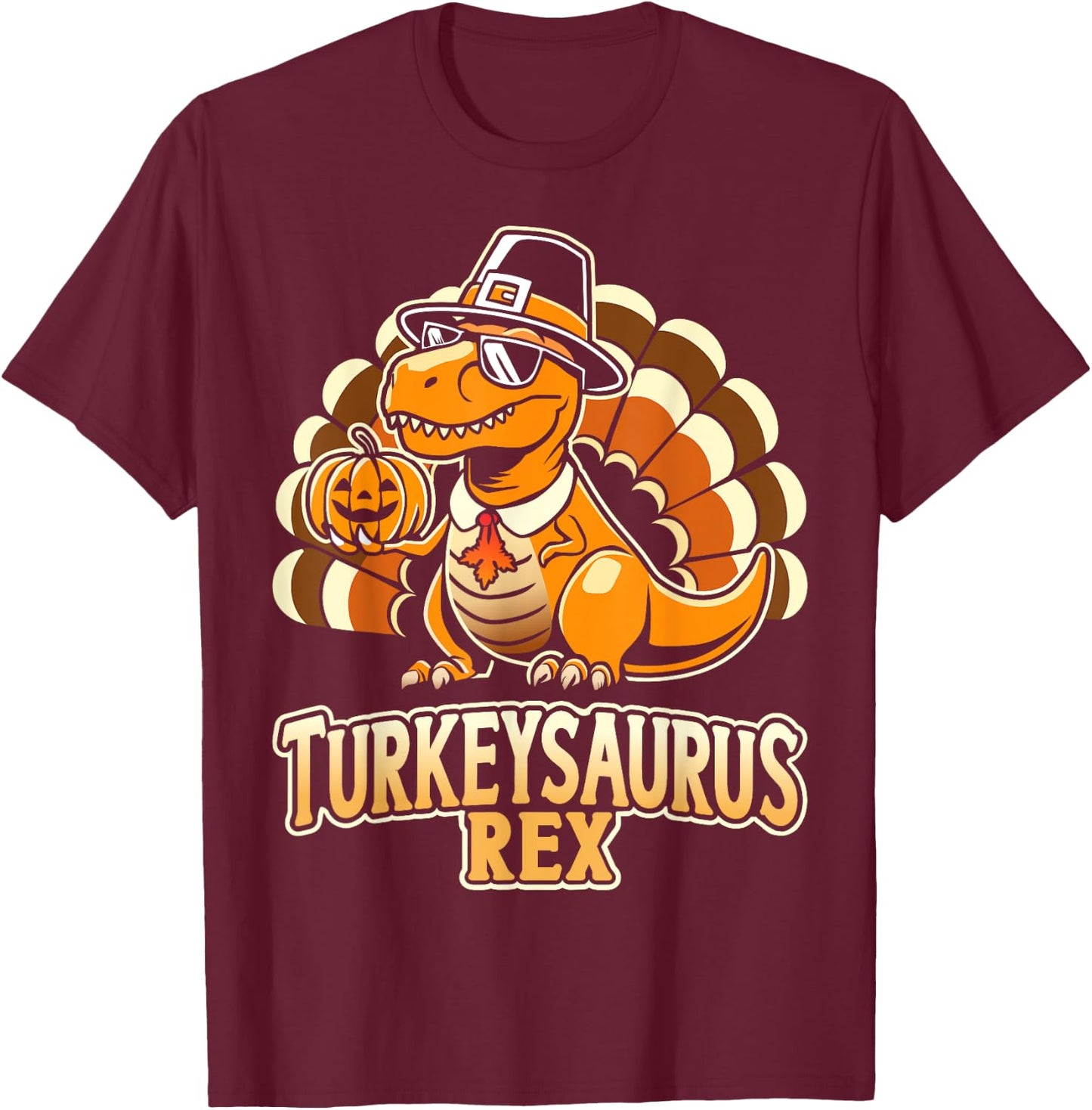 Funny turkeysaurus rex with dinosaur - -Adults, Kids - Black - Short Sleeve - - Cartoon Dinosaur - Thanksgiving Enthusiasts, Humor Lovers T-Shirt - T-Shirt | Maroon