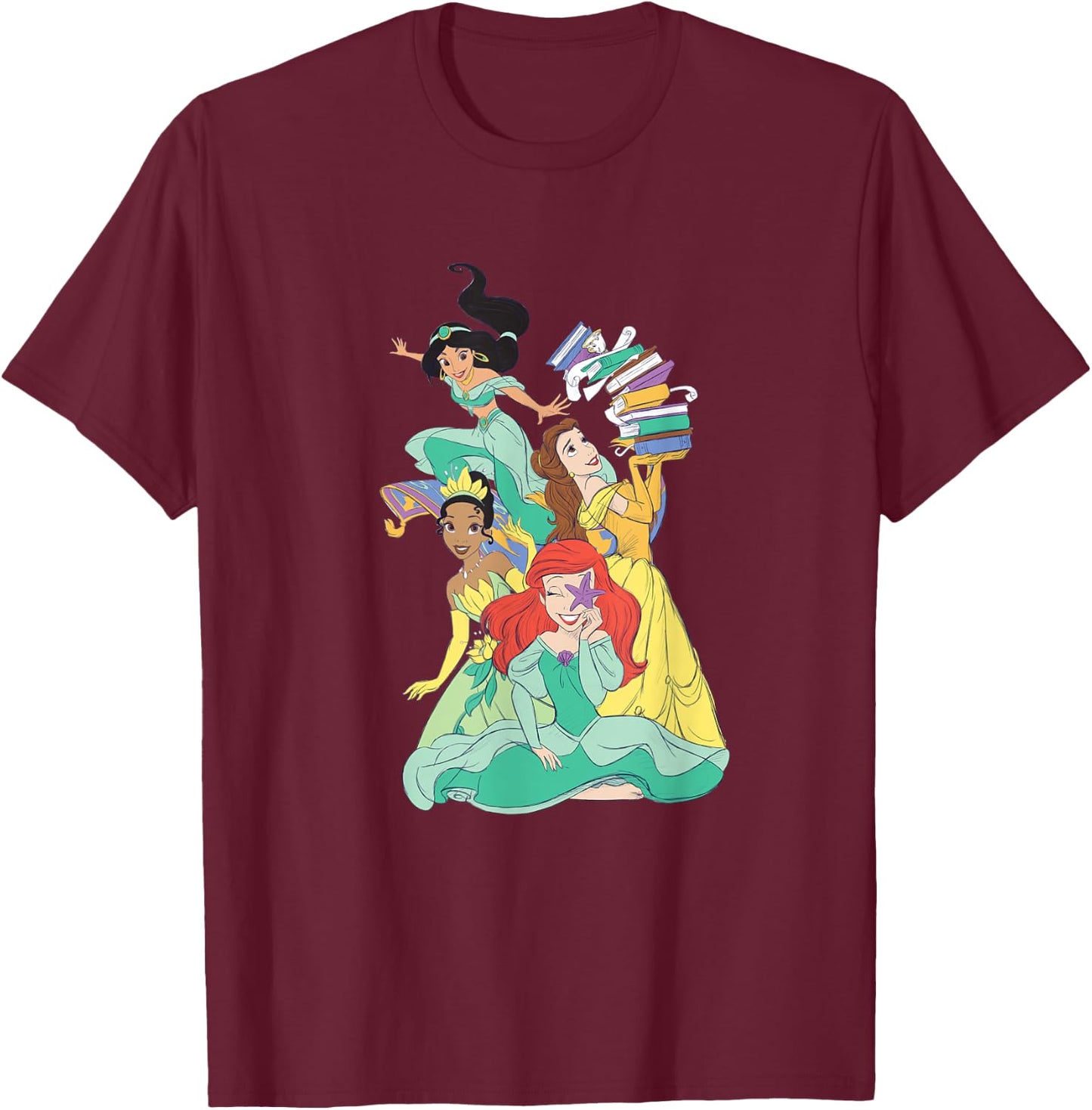 Disney Princess Jasmine Ariel Belle Tiana Pastel Art T-Shirt - T-Shirt | Maroon
