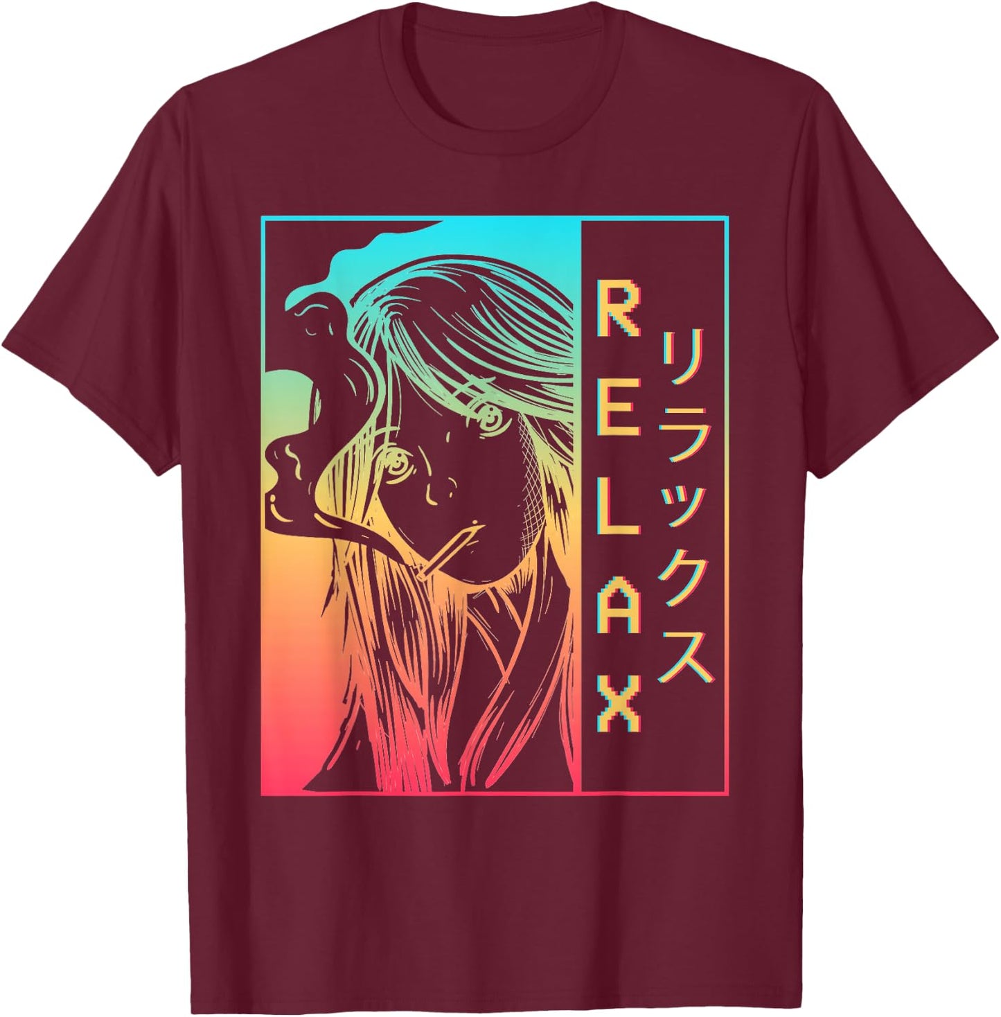 Vaporwave Aesthetic Anime Girl Sad Japanese Relax Harajuku T-Shirt - T-Shirt | Maroon