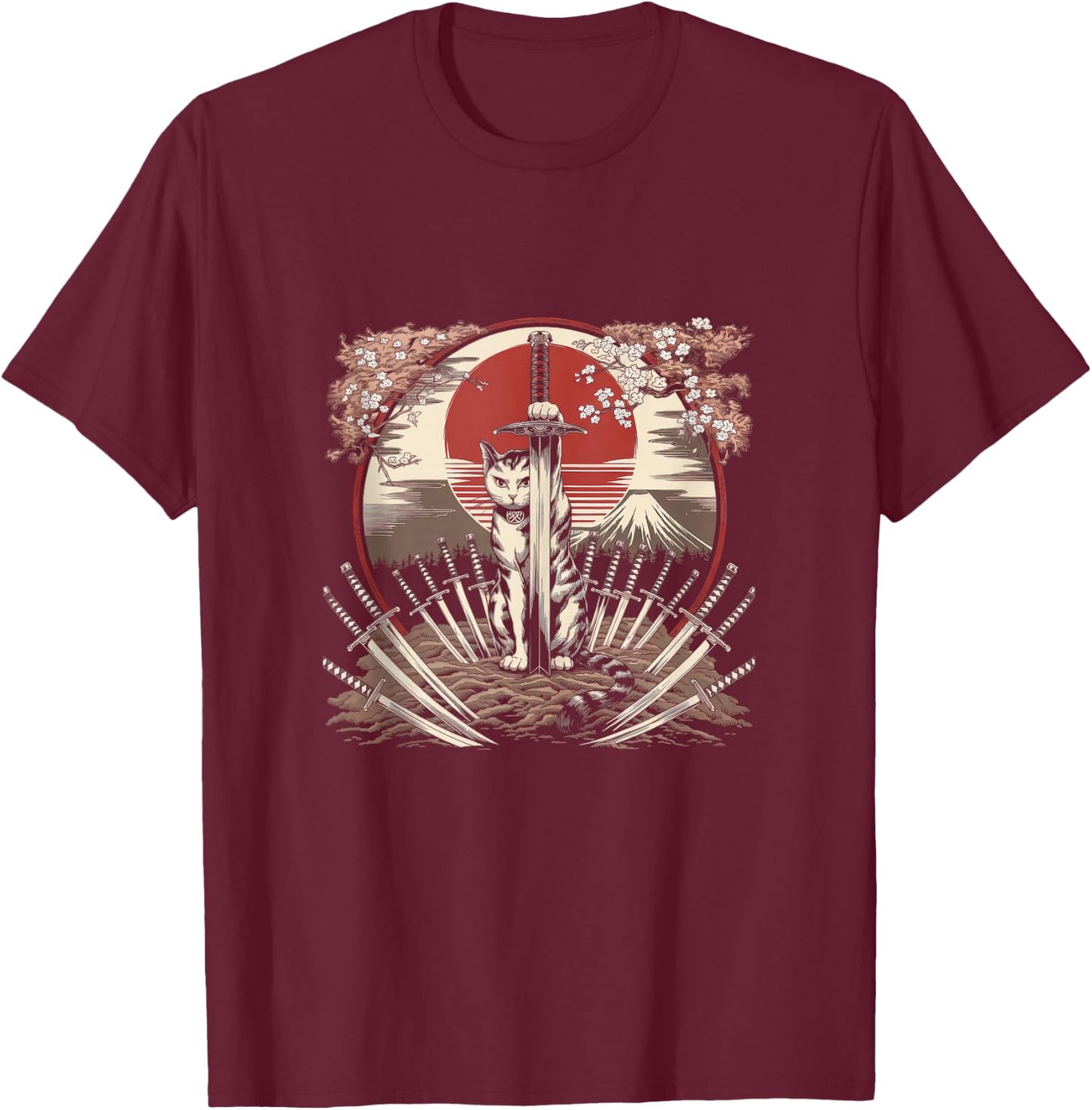Samurai Cat Vintage Ukiyo-e Warrior Kanji Japan Anime Ink T-Shirt - T-Shirt | Maroon