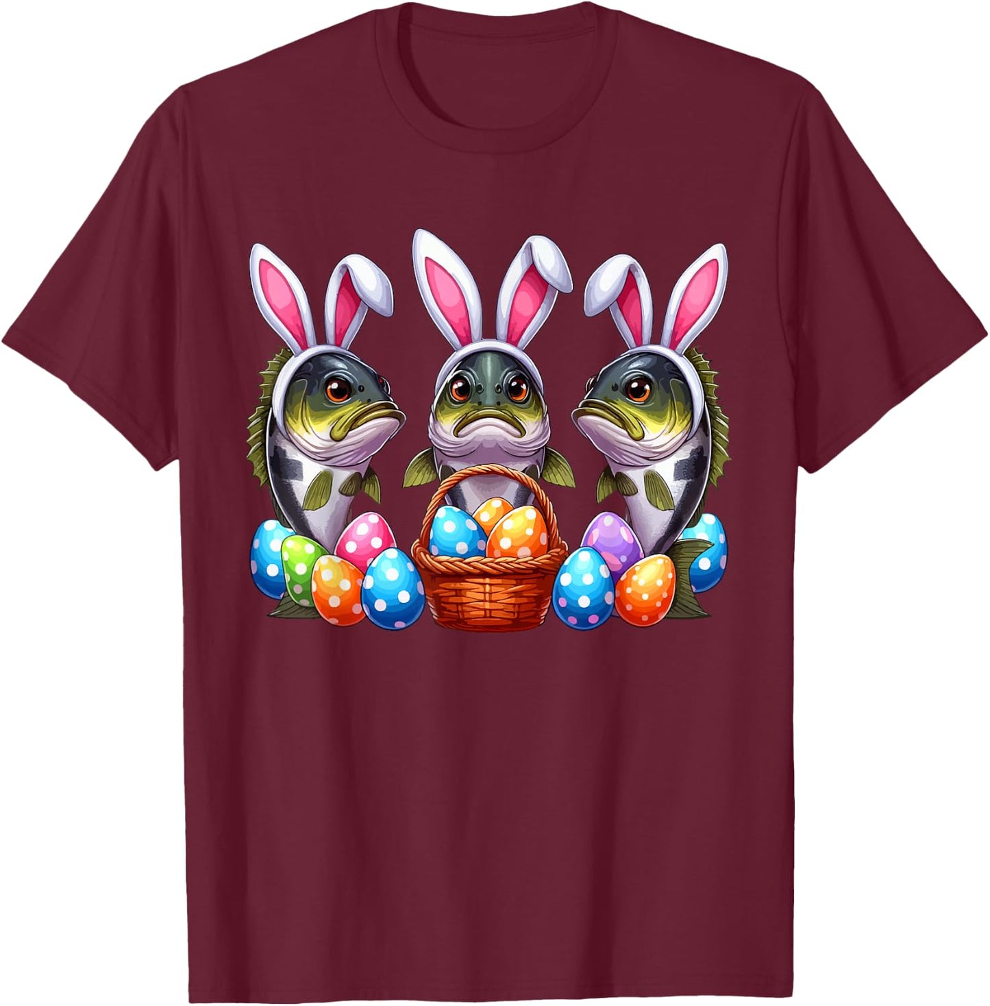 Three Easter Bunny Bass Fishes Hunting Eggs Basket Colorful T-Shirt - T-Shirt | Maroon