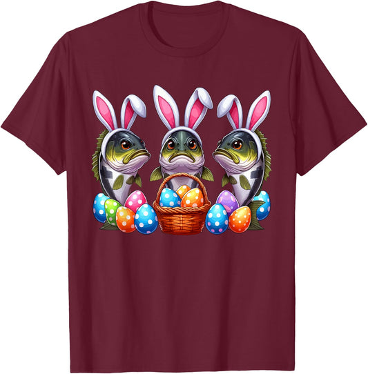 Three Easter Bunny Bass Fishes Hunting Eggs Basket Colorful T-Shirt - T-Shirt | Maroon