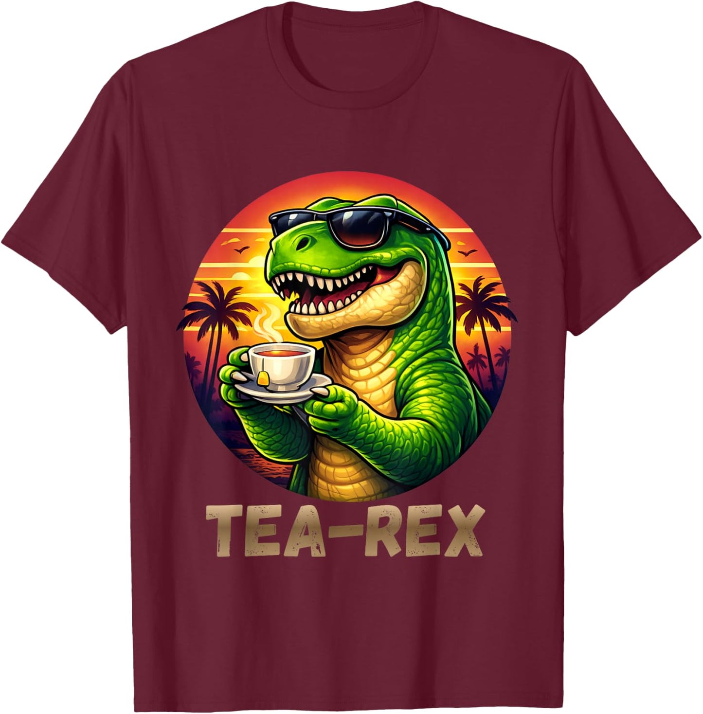 Tea Rex Funny Dinosaur Tropical Sunset T-Shirt - T-Shirt | Maroon