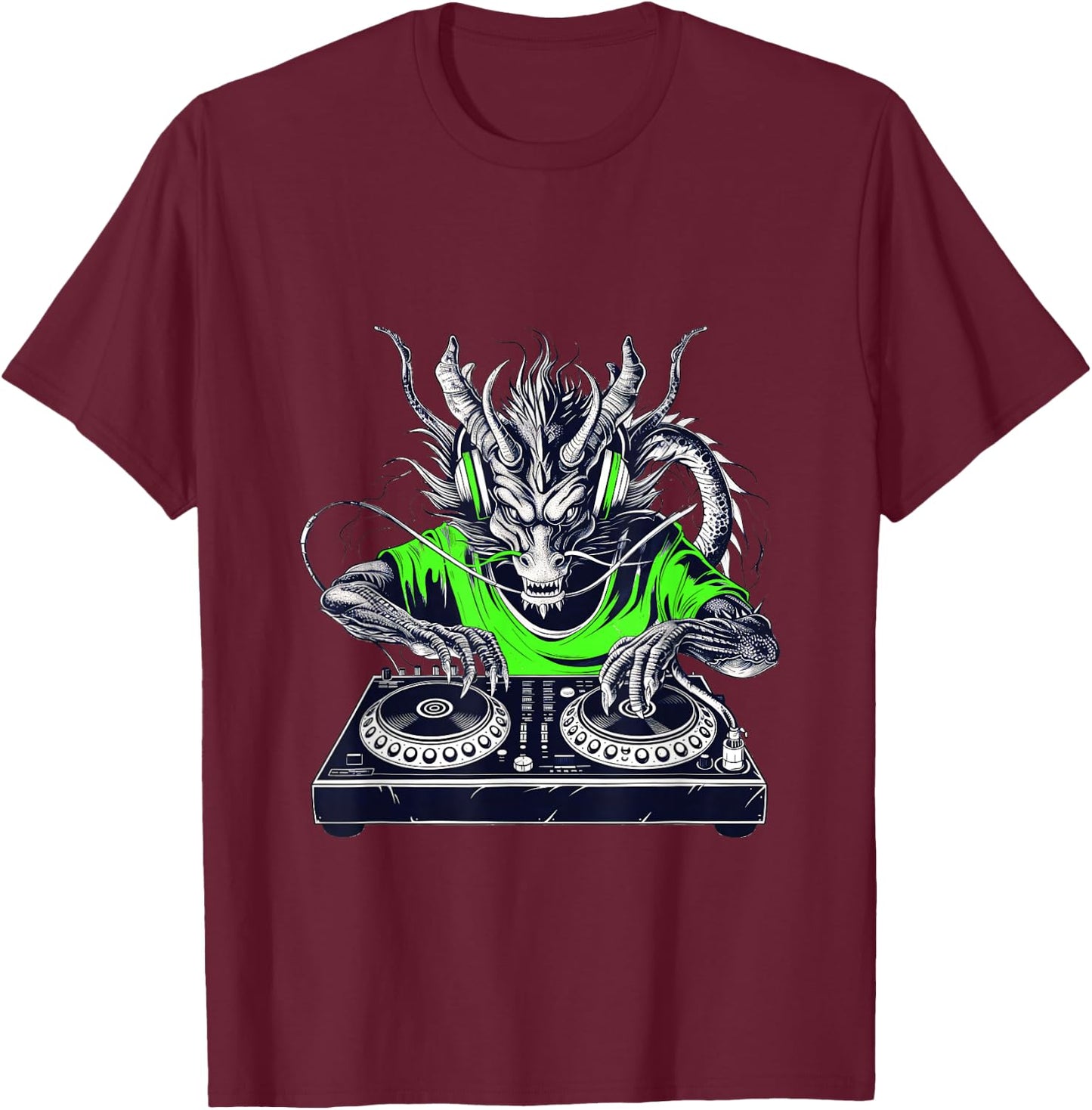 Retro vintage Rave music Festival cool dragon DJ lime green T-Shirt - T-Shirt | Maroon