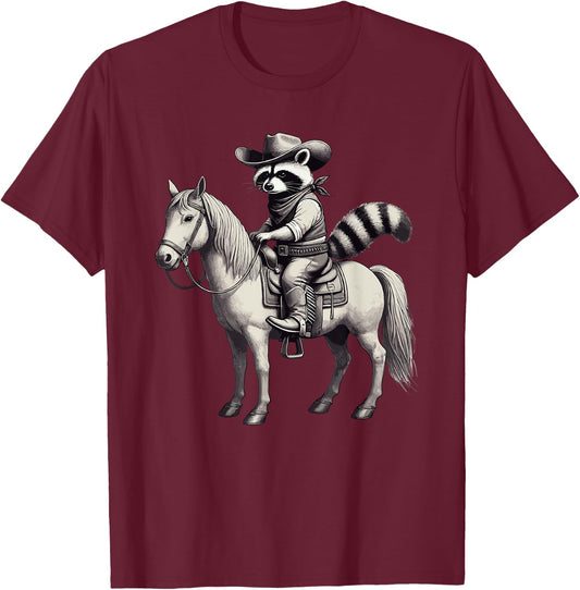 Raccoon Cowboy Vintage, Hat & Horse, Cowgirl, Funny Western T-Shirt - T-Shirt | Maroon