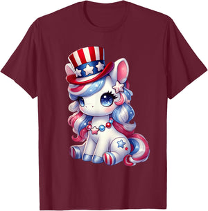 Unicorn 4th of July Shirt Girls Women USA Flag Kids Cute T-Shirt - T-Shirt | Maroon