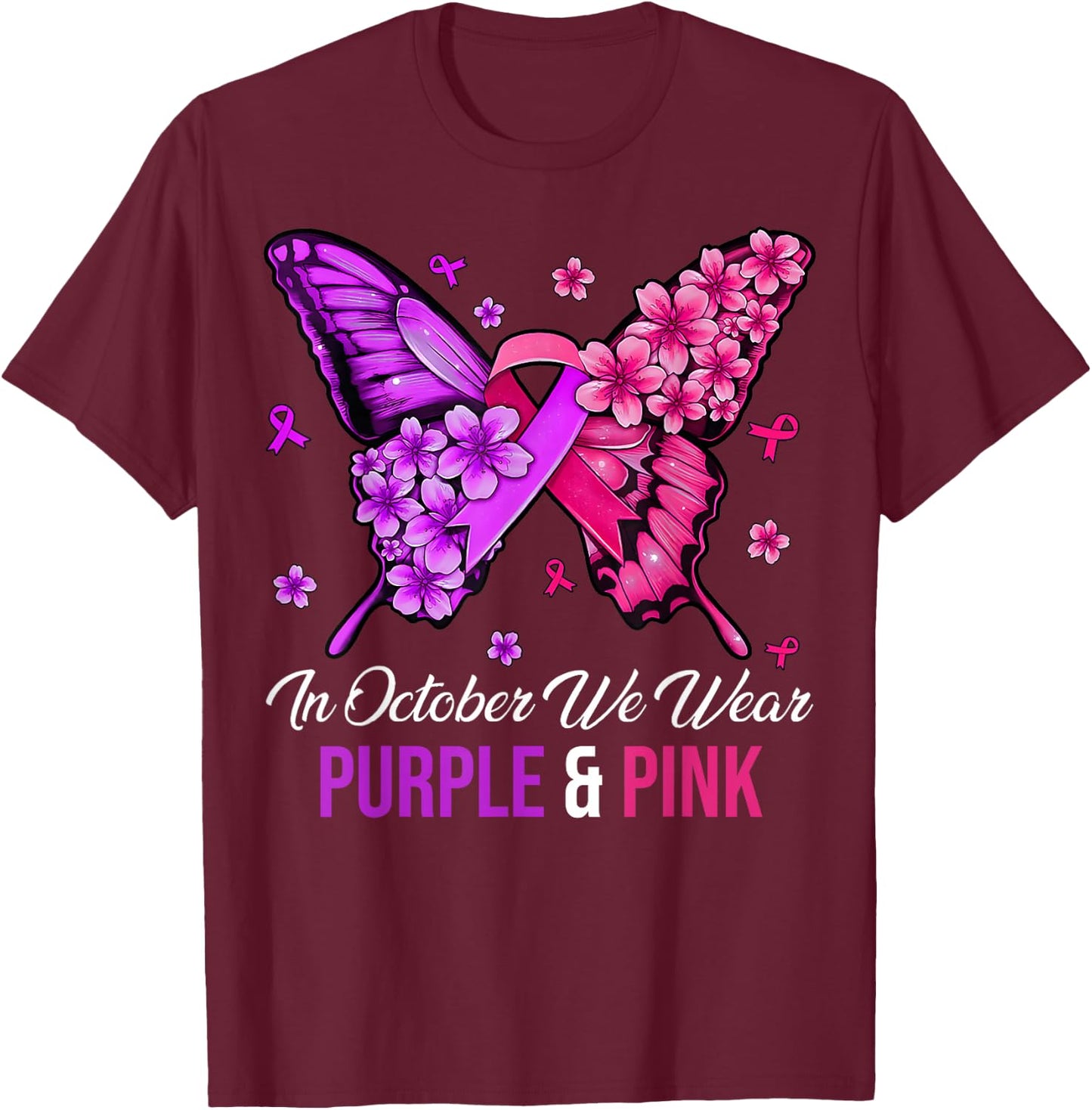 Breast Cancer And Domestic Violence Awareness Butterfly T-Shirt - T-Shirt | Maroon