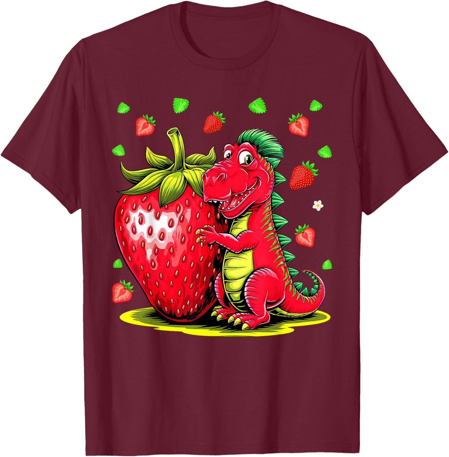 Cute Strawberry Summer Fruit Lover Dinosaur T Rex Boys Girls T-Shirt - T-Shirt | Maroon