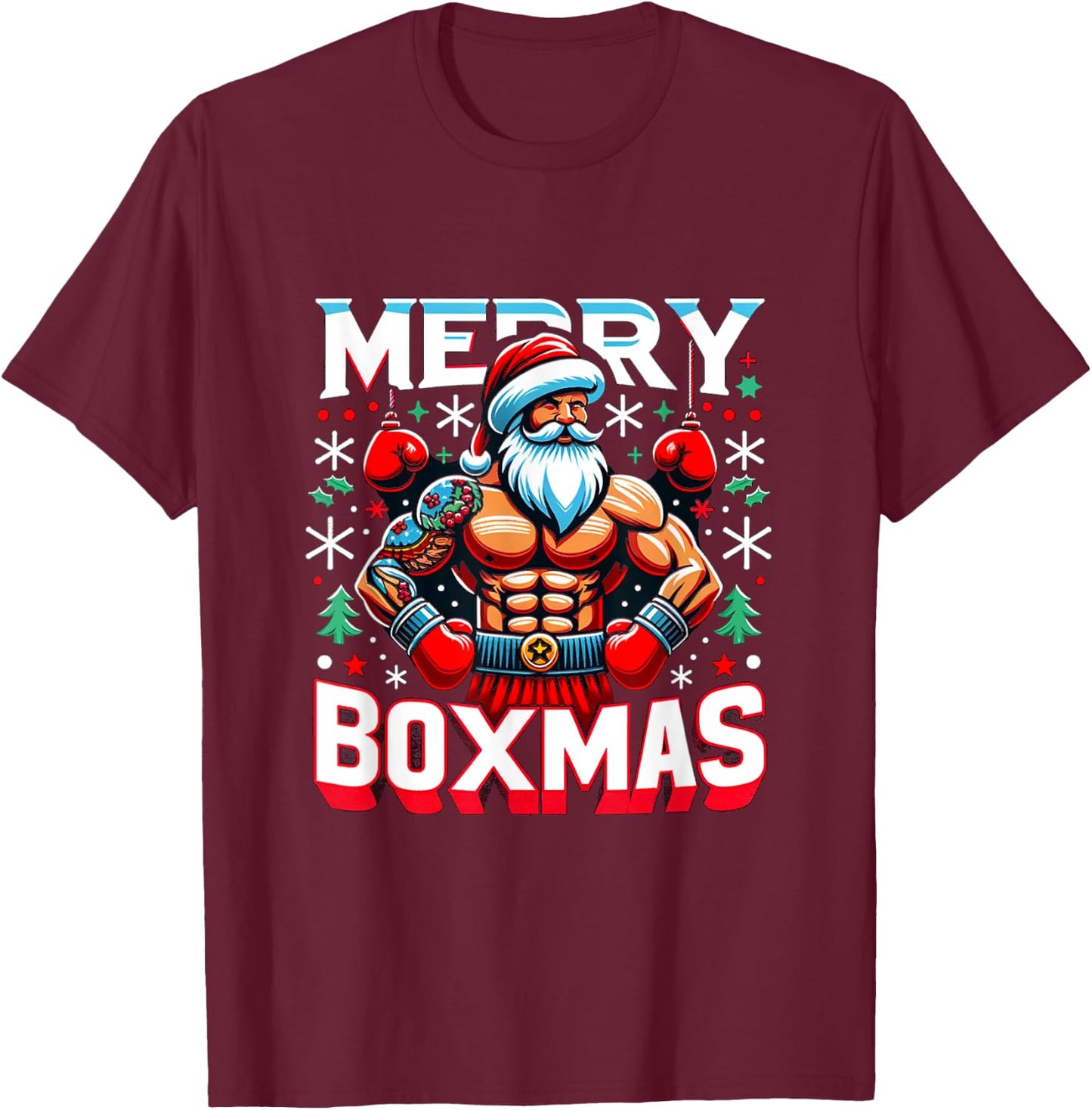 Merry Boxmas Boxer Christmas Santa Boxing Xmas T-Shirt - T-Shirt | Maroon