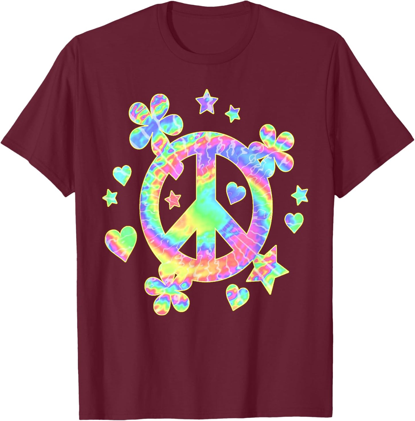 Tie-Dye Peace Sign Cute Love Colorful Tye Dye Hippie Flowers T-Shirt - T-Shirt | Maroon