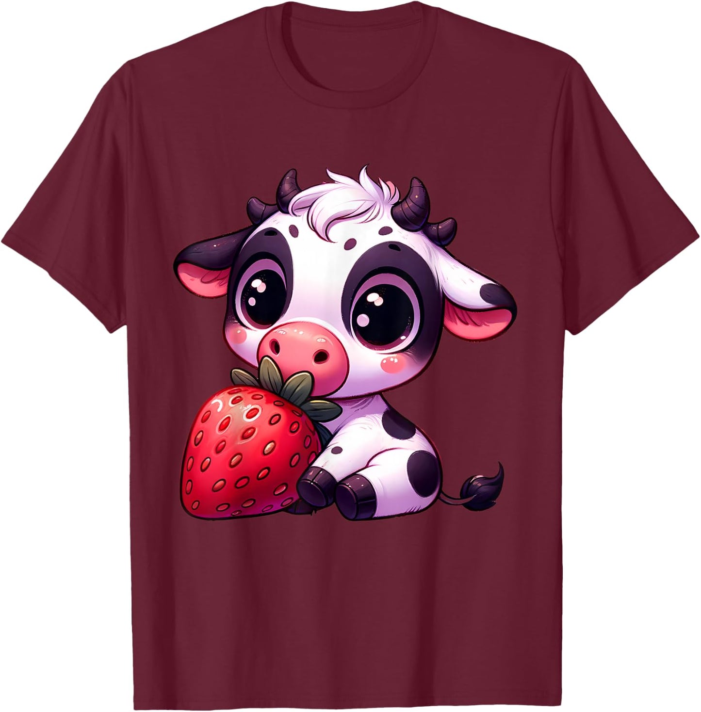 Cute Cow Eating Strawberry Kawaii Farm Animal Men Women Kids T-Shirt - T-Shirt | Maroon