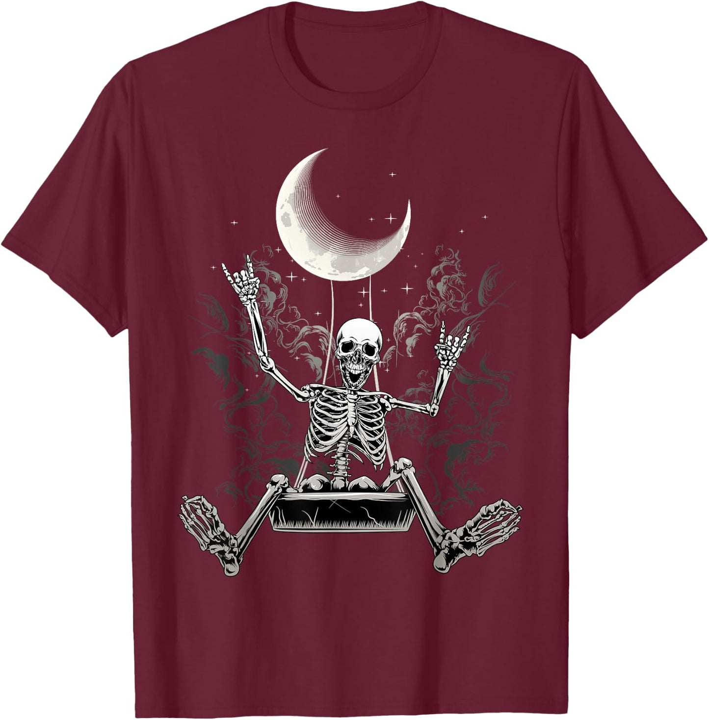 Rock On Rock Skelett Teufelsgruß Mond Halloween Konzert T-Shirt - T-Shirt | Maroon