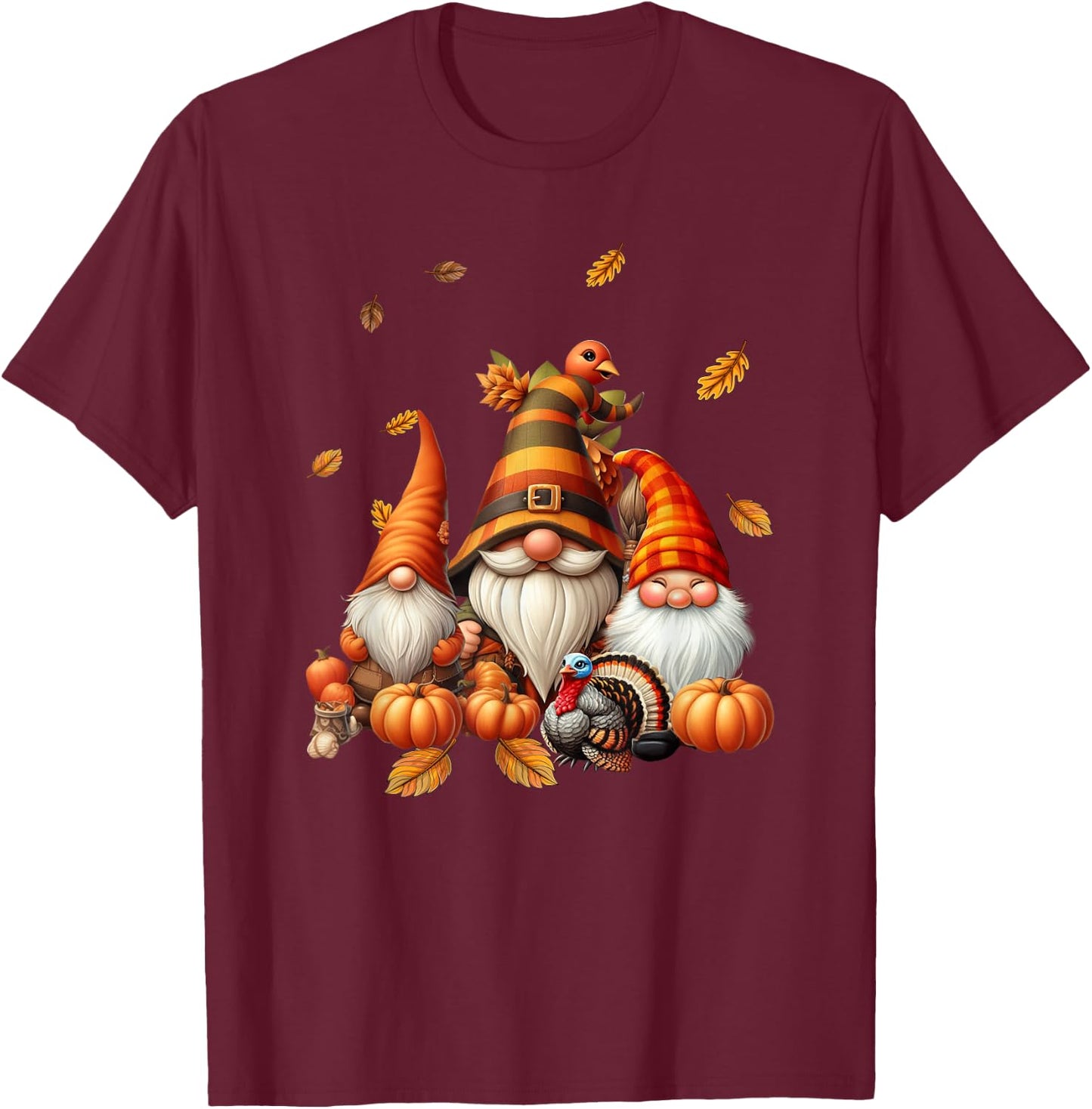Fall Gnome Pumpkin Leaf Turkey Thanksgiving Autumn Gnomes T-Shirt - T-Shirt | Maroon