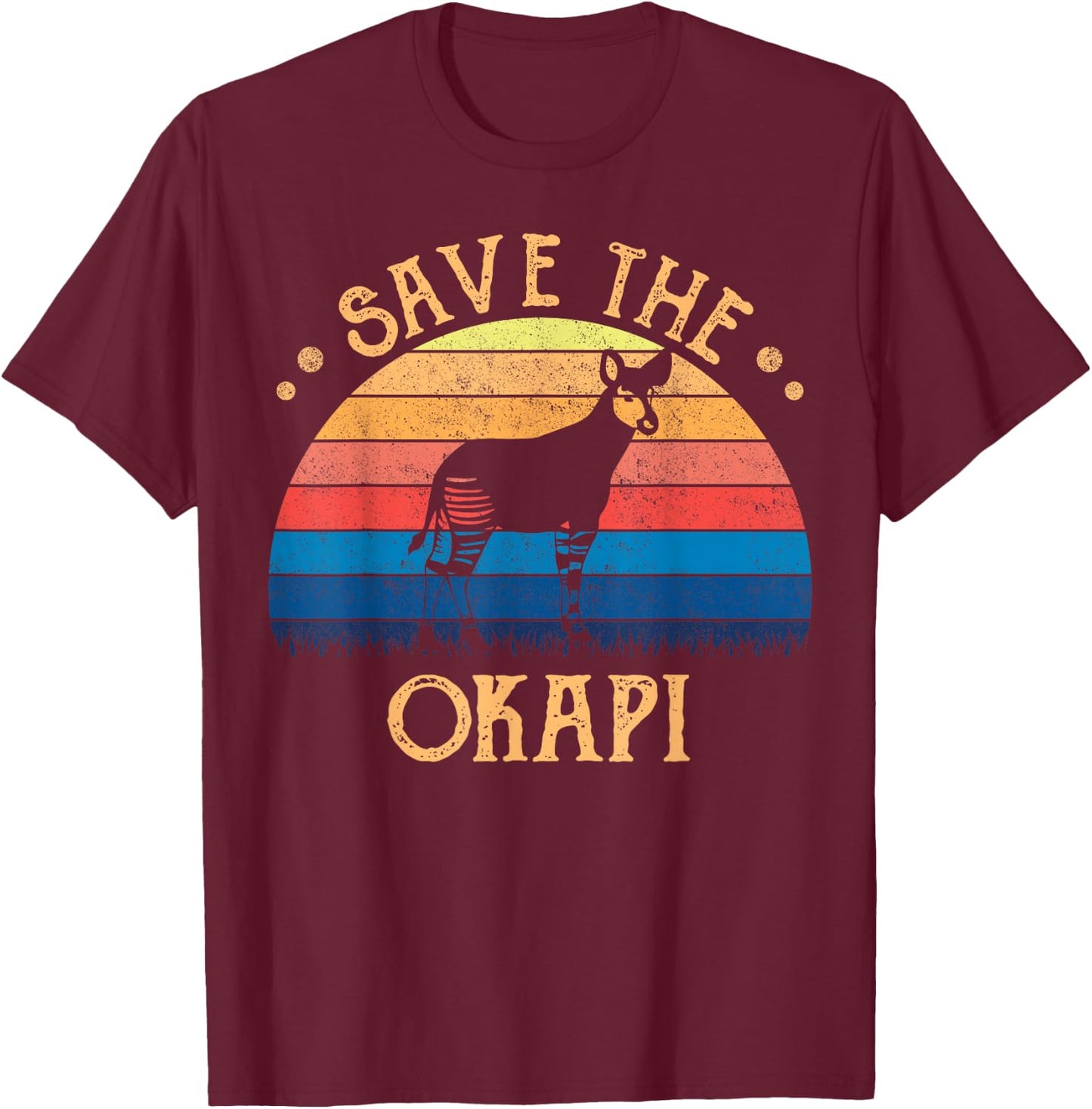 Vintage Retro Sunset Save The Okapi T-Shirt - T-Shirt | Maroon