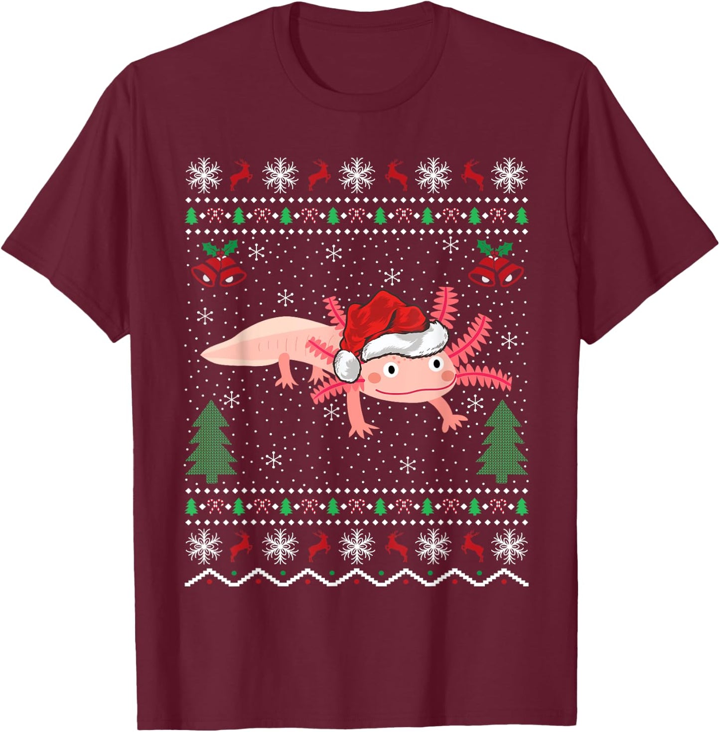 Axolotl Lover Xmas Ugly Santa Hat Axolotl Christmas T-Shirt - T-Shirt | Maroon