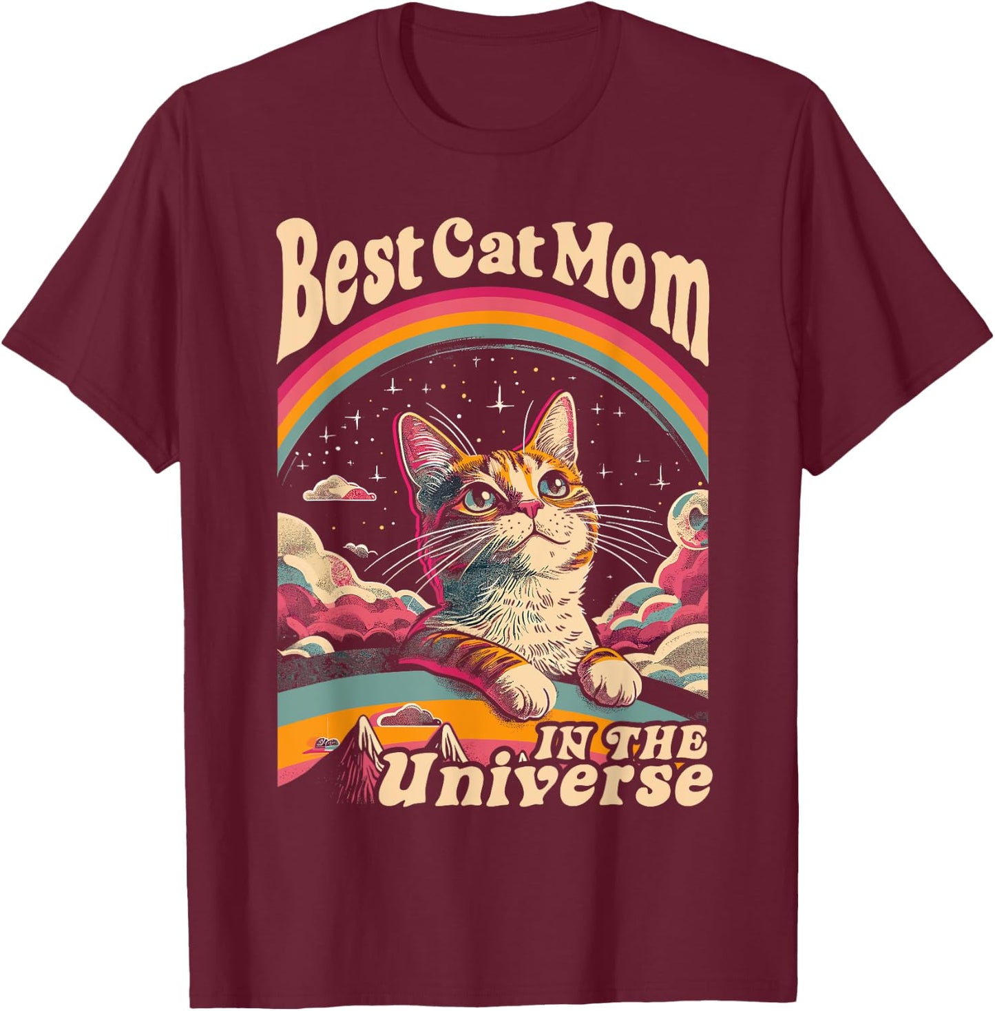 Best Cat Mom In The Universe 60s 70s Hippie Aesthetic Women T-Shirt - T-Shirt | Maroon