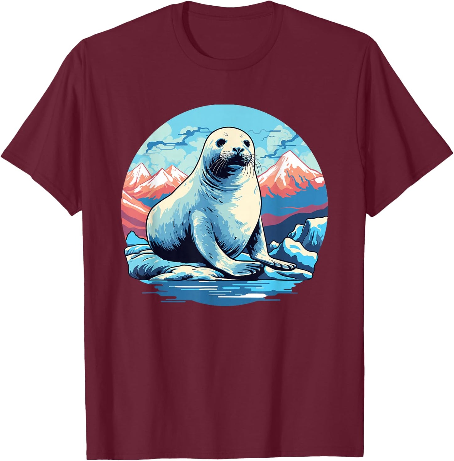 Harp Seal with Arctic Landscape, Harp Seal T-Shirt - T-Shirt | Maroon