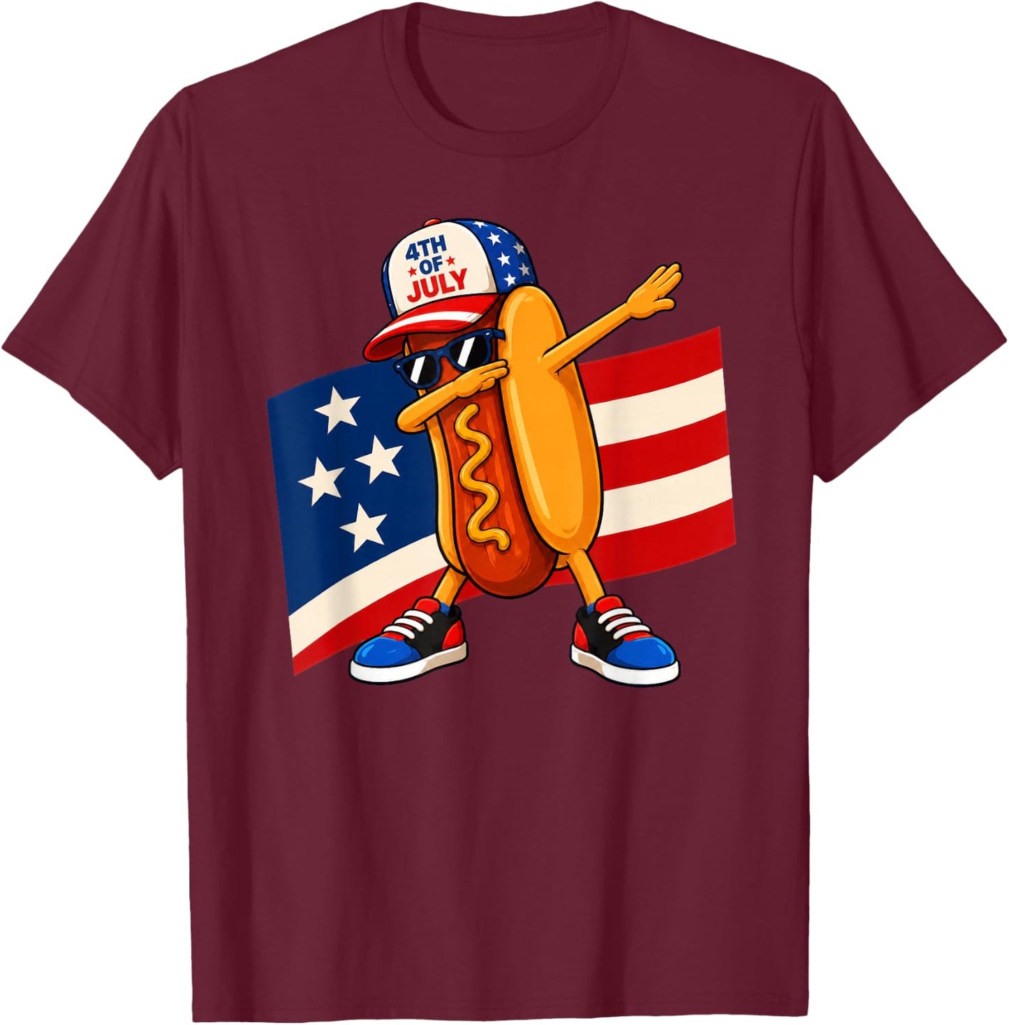Dabbing Hot Dog USA Flag 4th of July T-Shirt - T-Shirt | Maroon