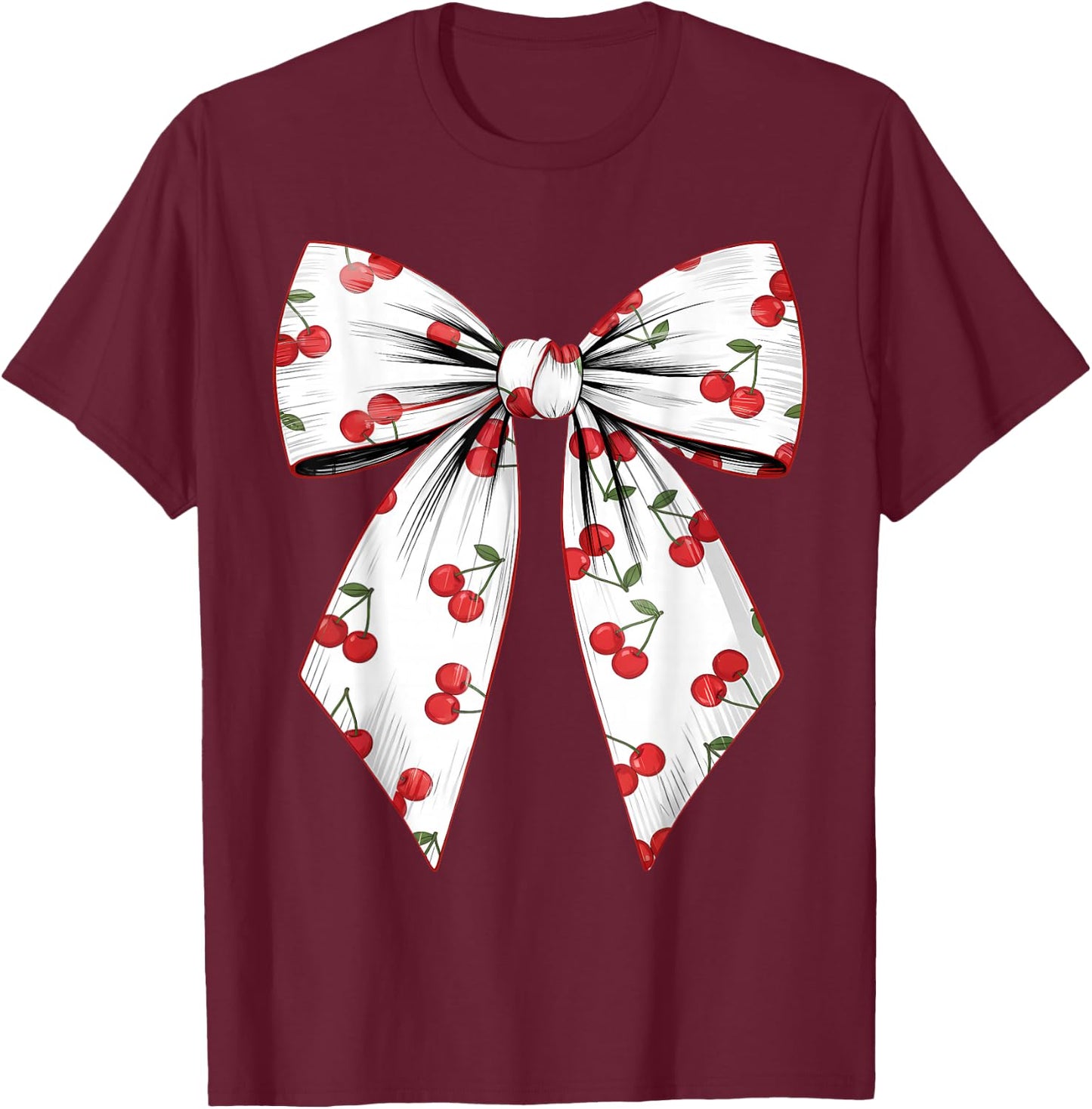 Cherry Coquette Bow Red Cherry Pattern T-Shirt - T-Shirt | Maroon