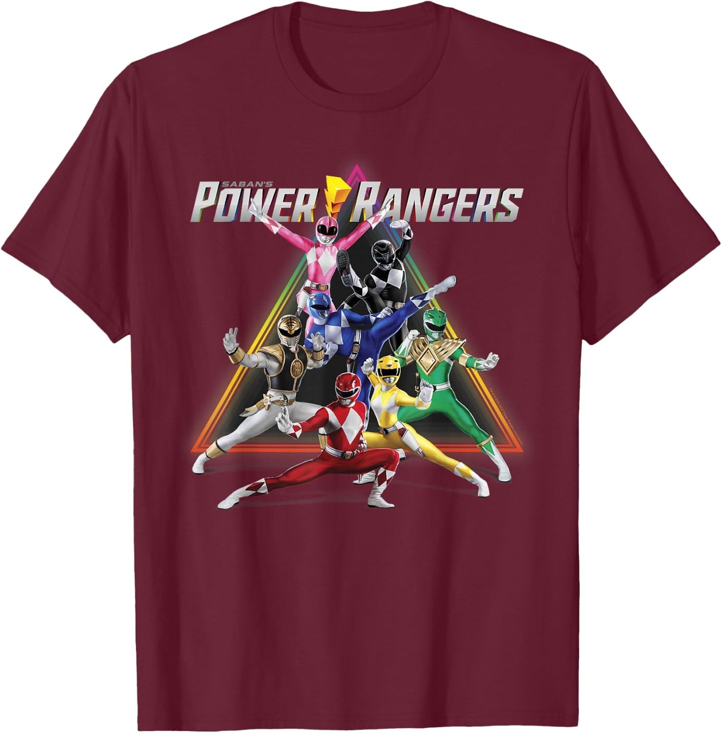 Power Rangers Rainbow Pyramid Retro Action Portrait Small T-Shirt - T-Shirt | Maroon