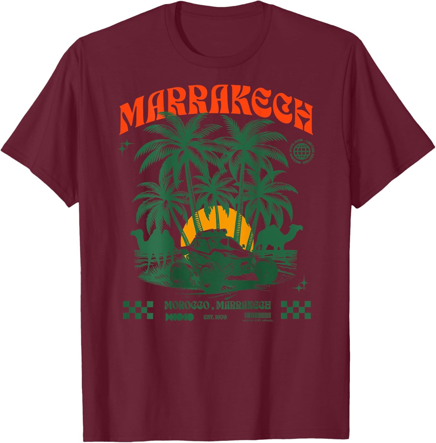 Marrakech Sunset Palm Trees Camel Morocco Lovers T-Shirt - T-Shirt | Maroon