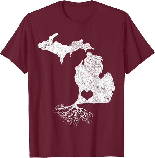 Michigan Roots Shirt: I Love Michigan With Roots T-Shirt - T-Shirt | Maroon
